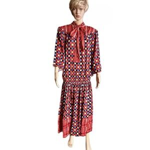 Mosaic • Vintage • Large • Boho • Red W/ Multi-Colors Blocks • Dress W/ Neck Tie